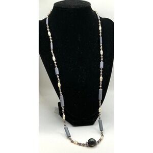 Beaded Necklace with Barrel Beads and Pearls Center bead designed on 4 sides